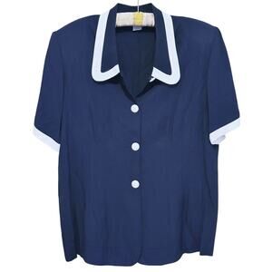 Vintage Decades Nautical Button Up Peter Pan Collar Blouse 16W Navy Blue Mod 60s